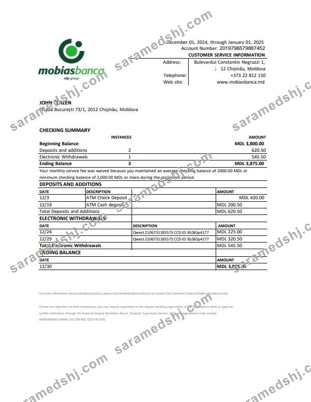 Moldova Mobiasbanca statement Word and PDF example